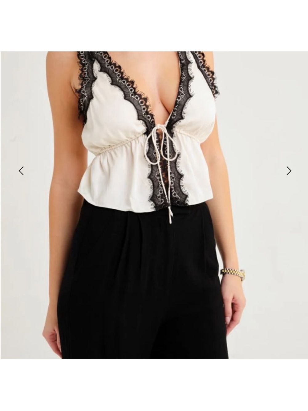 Rumored Cream Lace Trim Plunge Tank Top with Black Accents